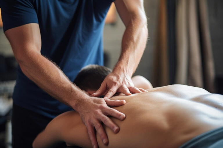 Therapist giving lower back sports massage patient adult male